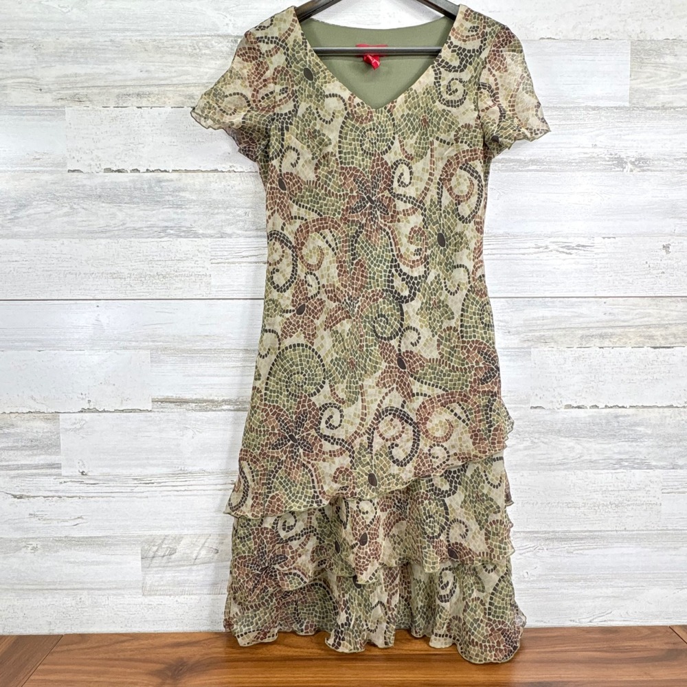 Sangria Womens Mosaic‎ Tile Print Tiered Ruffle Chiffon Dress Green Brown Size 6